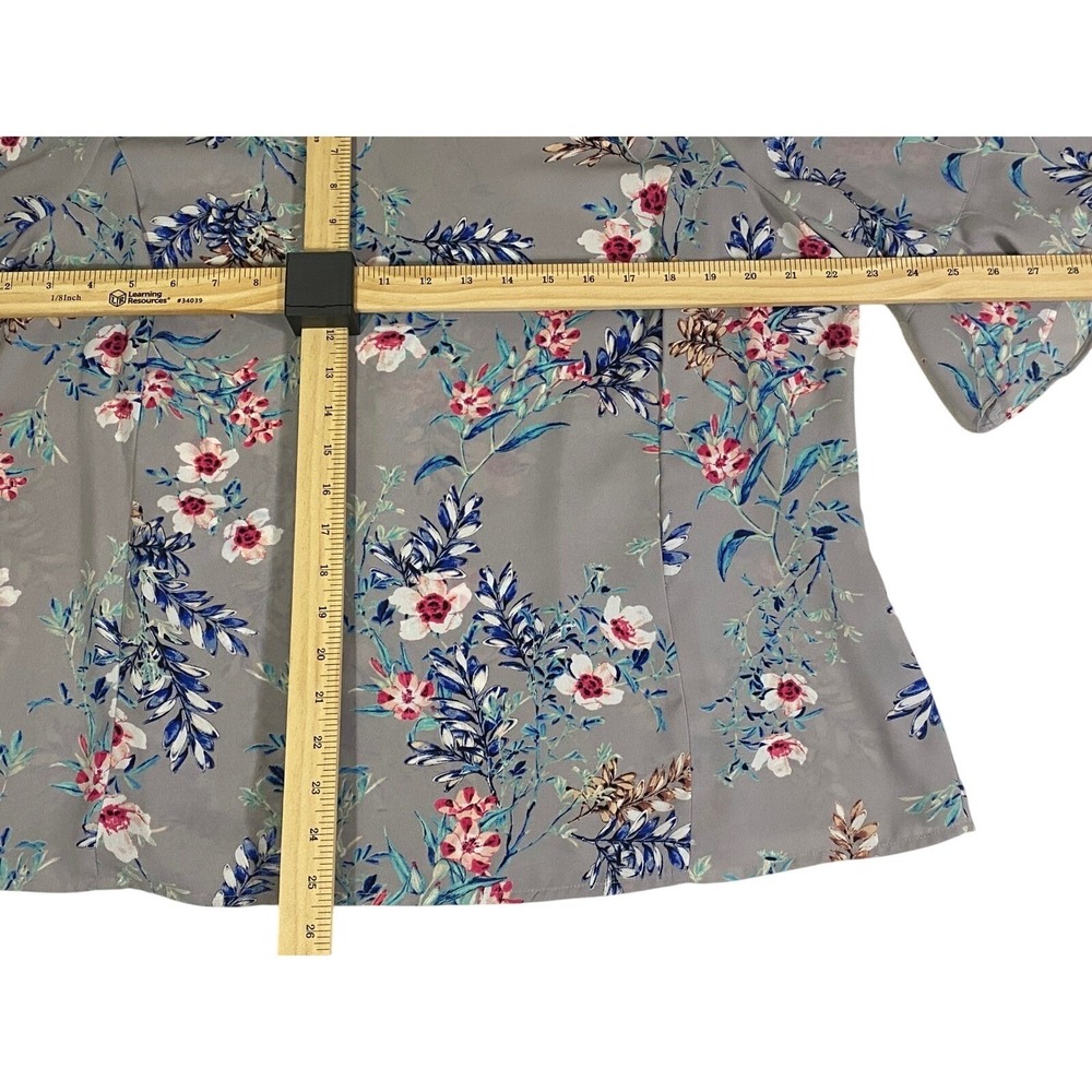 Liz Claiborne Career Womens XL Gray Floral Bell Sleeve Ruffle Blouse Top - Picture 7 of 8
